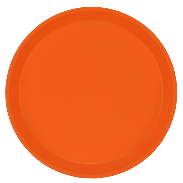 A close-up of an orange plate with a white border.