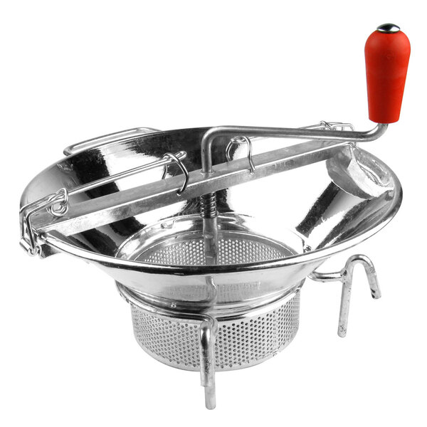 A Tellier rotary food mill with a metal handle and metal strainer.