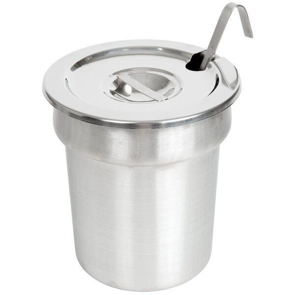 A silver stainless steel Nemco 4 quart container with a lid and ladle.
