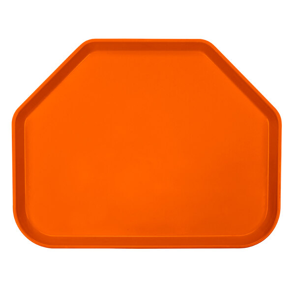An orange trapezoid-shaped fiberglass Cambro tray.