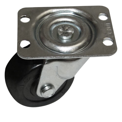 A close-up of a Hatco metal and black caster wheel with a metal plate.
