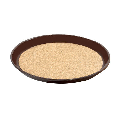 A brown round non-skid cork serving tray with a black rim.