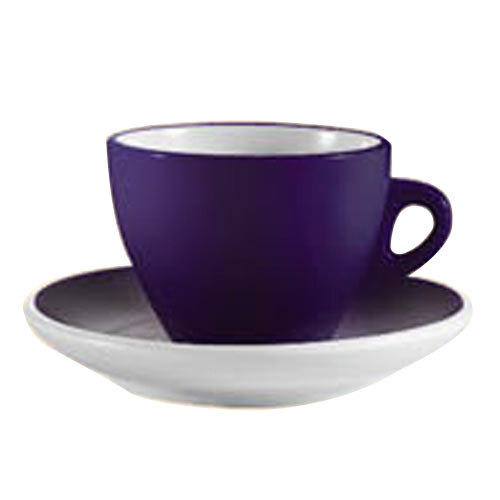 A close-up of a blue CAC Venice cup on a saucer.