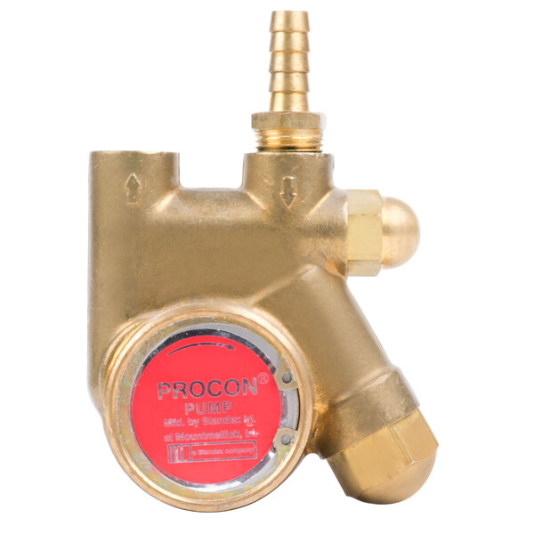 A close-up of a gold metal Cornelius water pump valve with a brass handle.