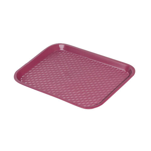 A close-up of a red GET polypropylene fast food tray with a grid pattern.