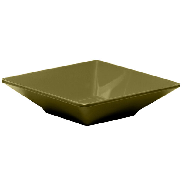 A squared green melamine bowl with a white background.