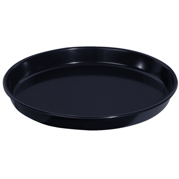 A black round melamine serving tray.