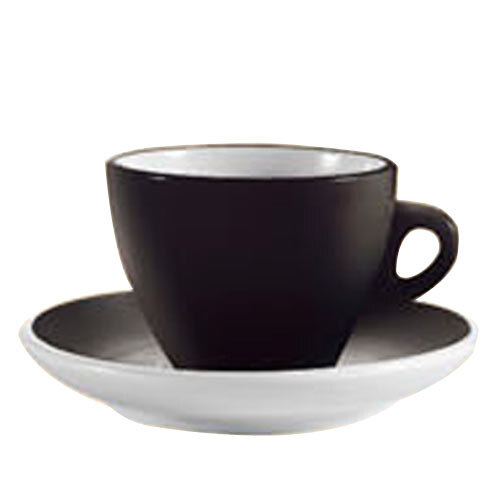 A close-up of a black Venice cup and saucer with a white background.