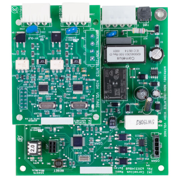A green Cornelius motor control board with two electronic components.