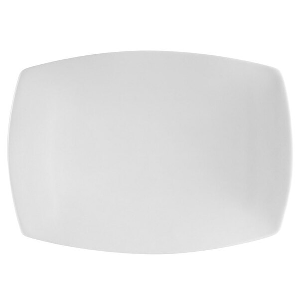 A white rectangular porcelain platter with a rounded edge.