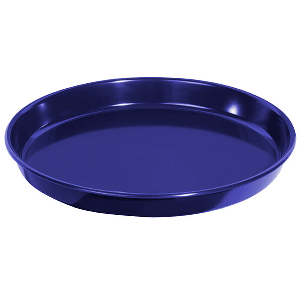 A cobalt blue melamine round serving tray.