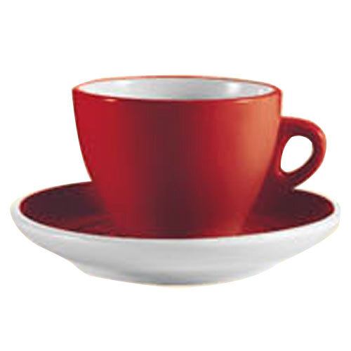 A close-up of a CAC red cup and saucer.
