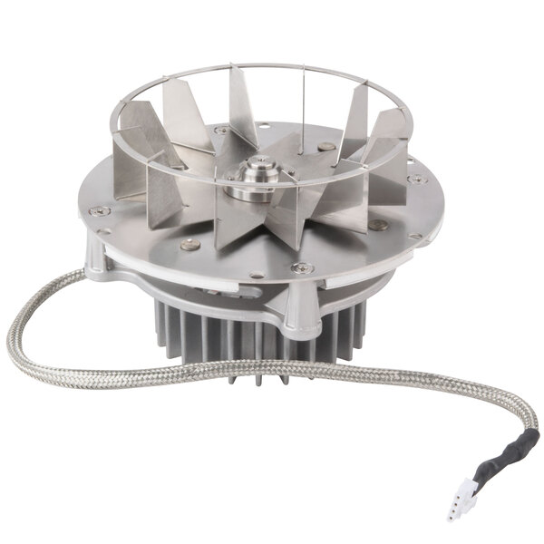 A TurboChef blower motor assembly with a metal fan and a wire attached.