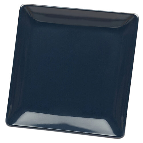 A black square melamine platter with a dark blue center and white border.