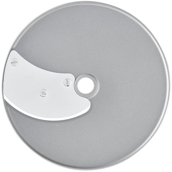 A silver Robot Coupe 3/16" slicing disc with a white background.