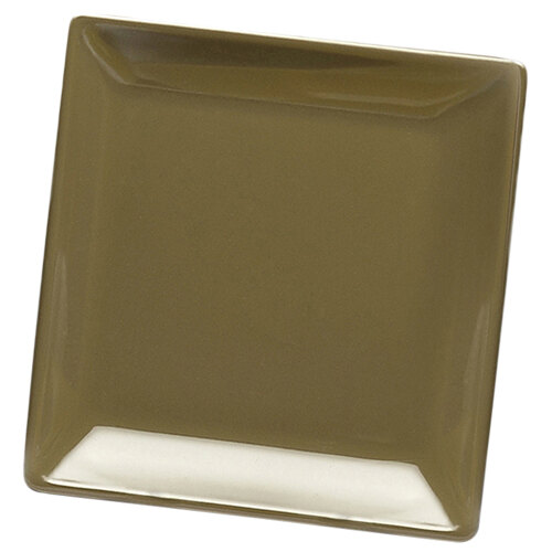 A brown square melamine plate with white edges.