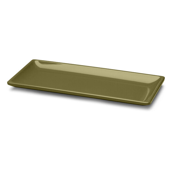 An Elite Global Solutions rectangular melamine platter in green with a lizard pattern.