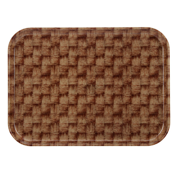 A brown rectangular Cambro tray with a woven pattern.