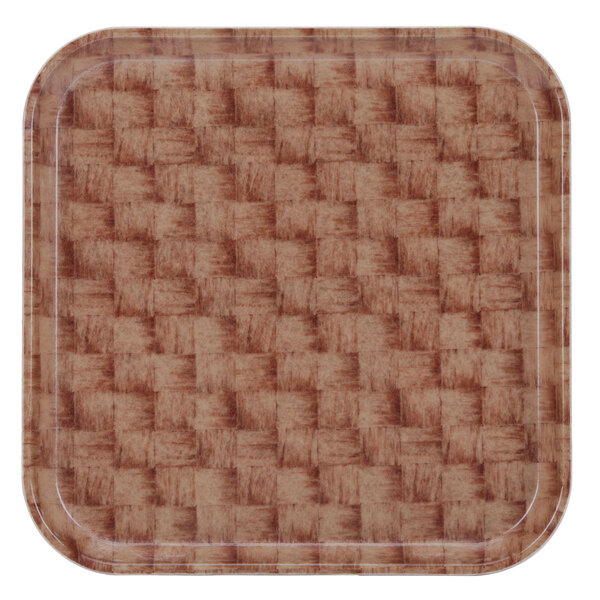 A brown square Cambro tray with a basketweave pattern.