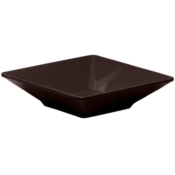 A squared aubergine melamine bowl with a dark brown finish.