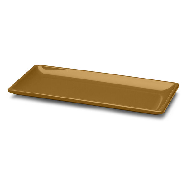 A brown rectangular Elite Global Solutions melamine tray with a handle.