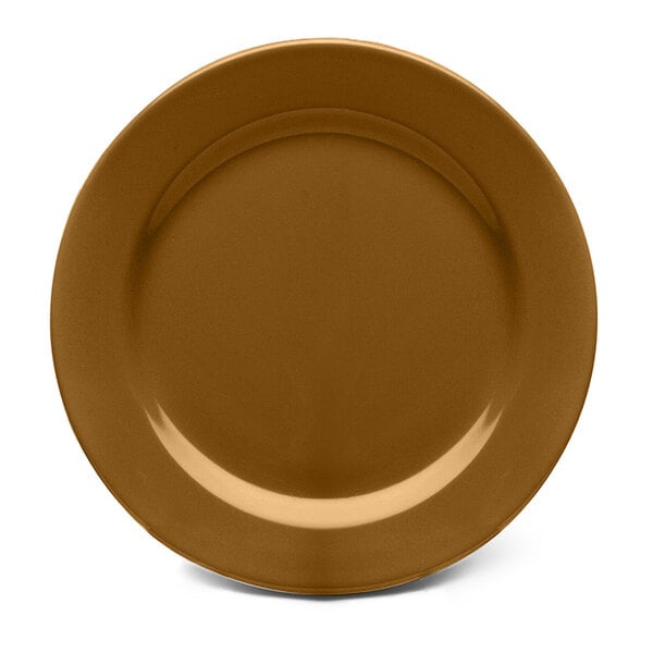 A brown Elite Global Solutions melamine plate with a white circle in the middle.