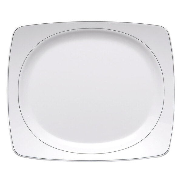 A white rectangular melamine plate with black trim.