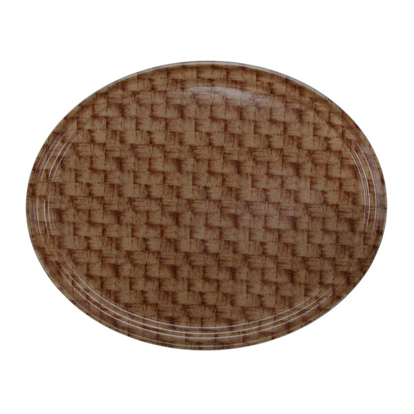 A brown woven oval Cambro tray with a basketweave pattern.
