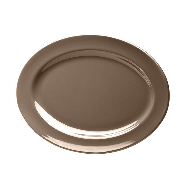 An Elite Global Solutions oval melamine platter with a white surface and brown rim.