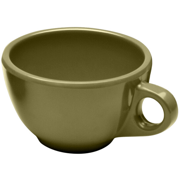 A green Elite Global Solutions melamine coffee cup with a handle.