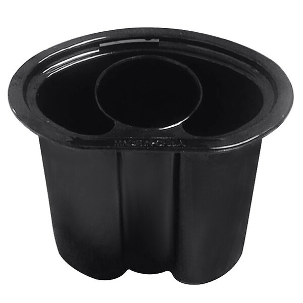 A black plastic container with a hole and a lid.