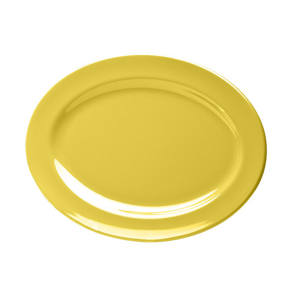 An olive yellow Elite Global Solutions oval melamine platter.