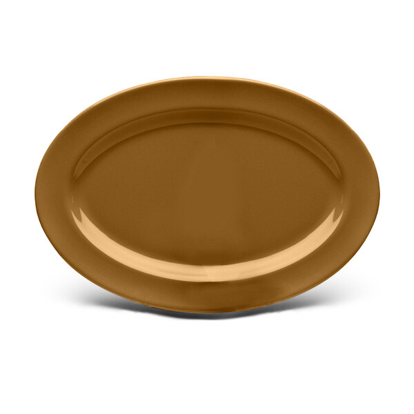 An Elite Global Solutions brown oval melamine platter with a white background.