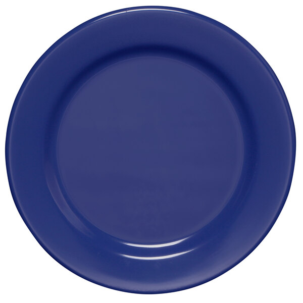 A purple melamine plate with a blue circle and a white circle.
