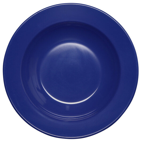 An Elite Global Solutions Winter Purple melamine bowl with a white circle on a blue background.