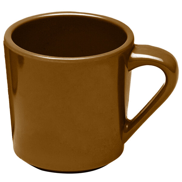 An Elite Global Solutions brown melamine mug with a handle.