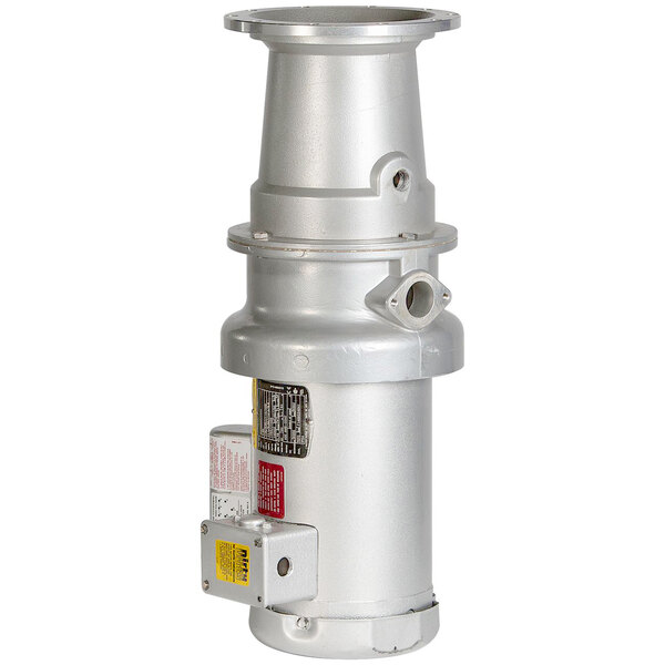 A silver Hobart commercial garbage disposer with long upper housing.