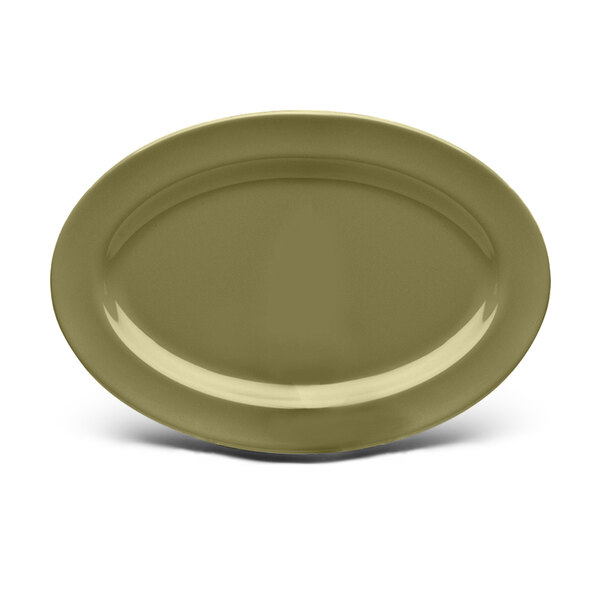 An oval green Elite Global Solutions melamine platter with a shadow.