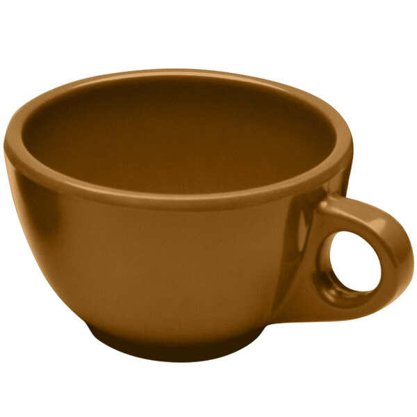 An Elite Global Solutions brown melamine coffee cup with a handle.