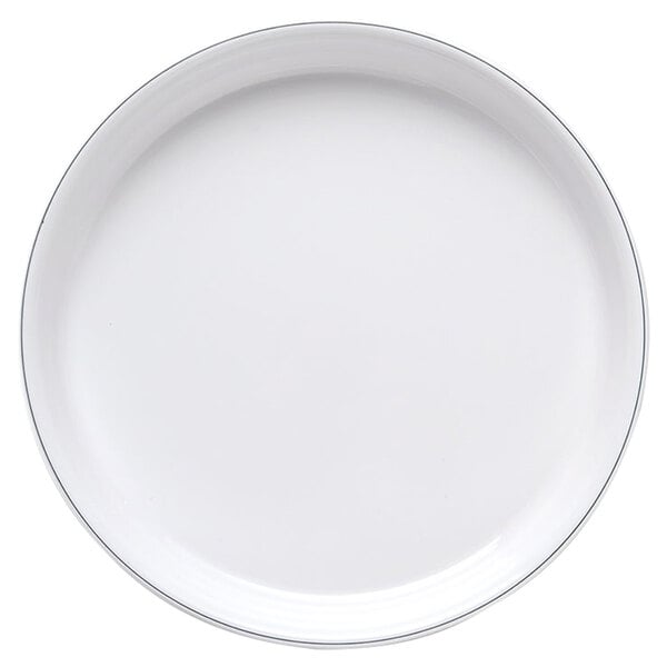 A white plate with black trim.