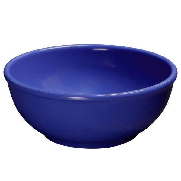 An Elite Global Solutions melamine bowl in blue with a white interior.