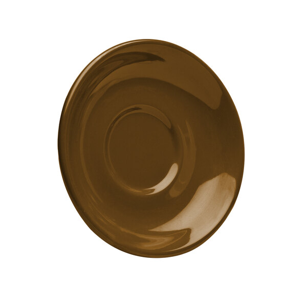A brown Elite Global Solutions melamine saucer with a circle in the middle.