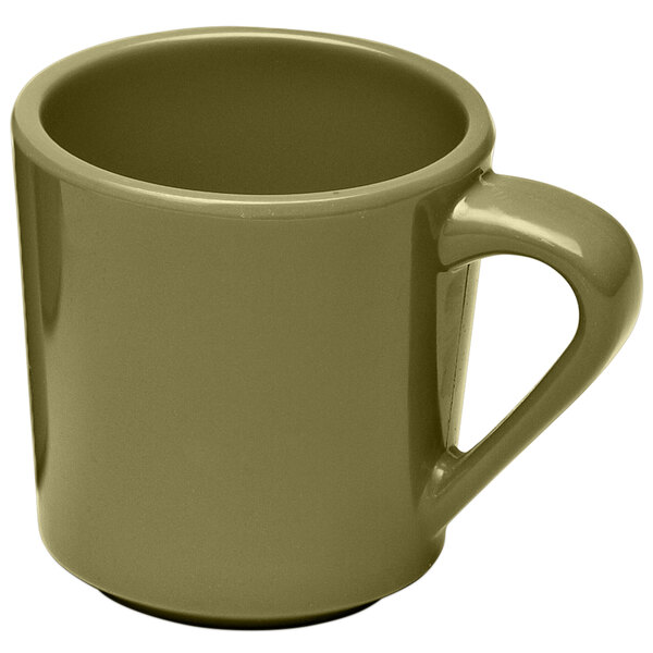 An Elite Global Solutions Urban Naturals Lizard melamine coffee mug with a handle in green on a white background.
