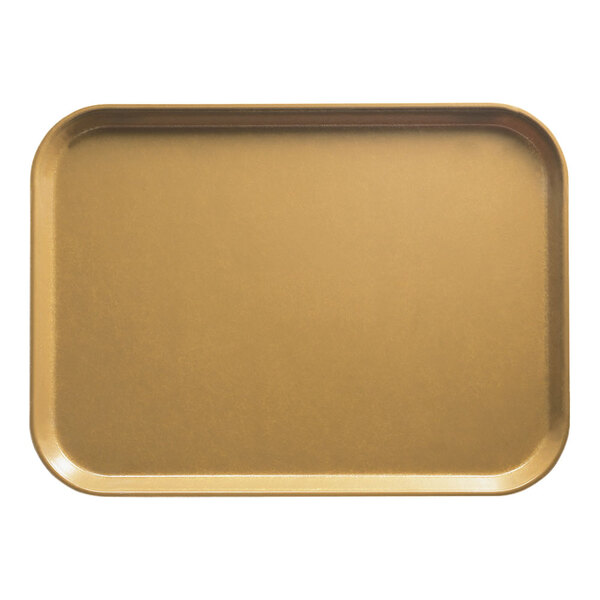A close-up of a Cambro earthen gold rectangular tray with a yellow background.