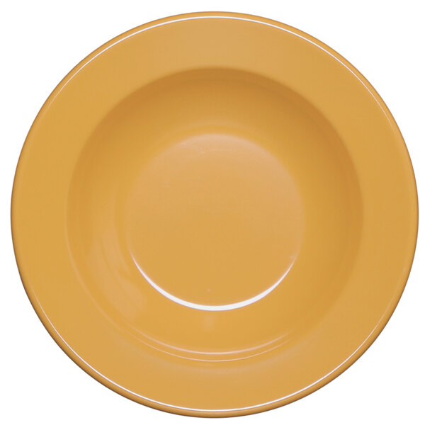 A yellow Elite Global Solutions melamine bowl.