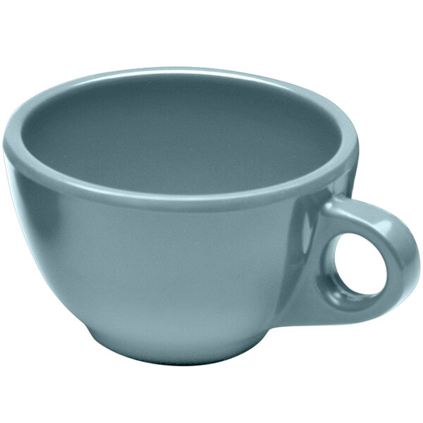 A grey Elite Global Solutions melamine coffee cup with a handle.