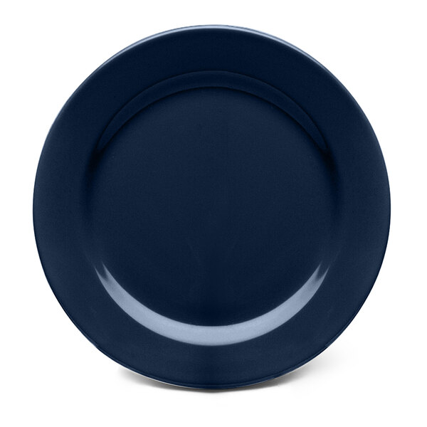 A blue Elite Global Solutions melamine plate with a curved edge.
