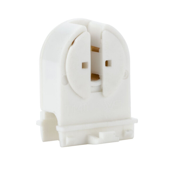 A white plastic Structural Concepts T5 light socket with two holes.