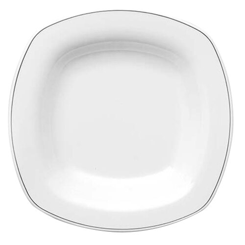 A white square plate with black trim.