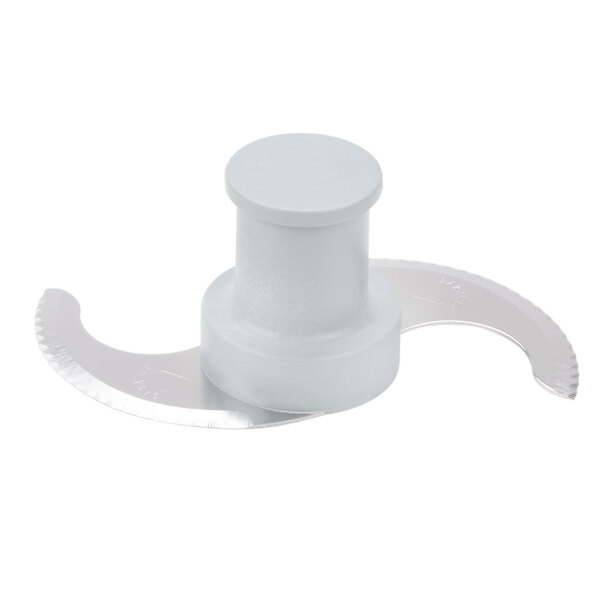 A white plastic Robot Coupe fine serrated "S" blade with a round top.